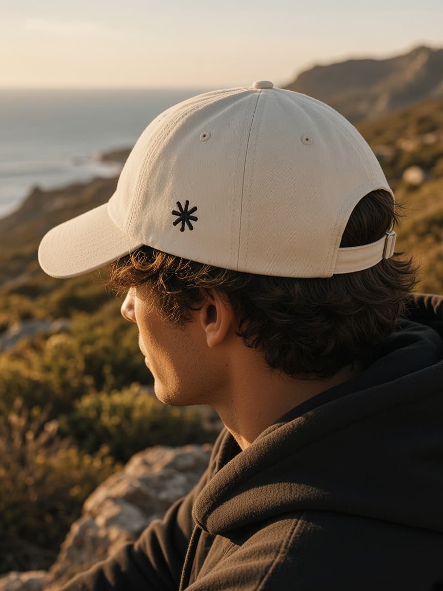 Model wearing a bone unstructured cap with a small embroidered asterisk