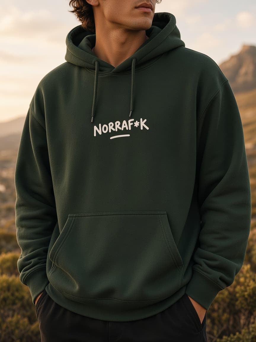 Model wearing a forest green hoodie with a small Norraf*k chest logo