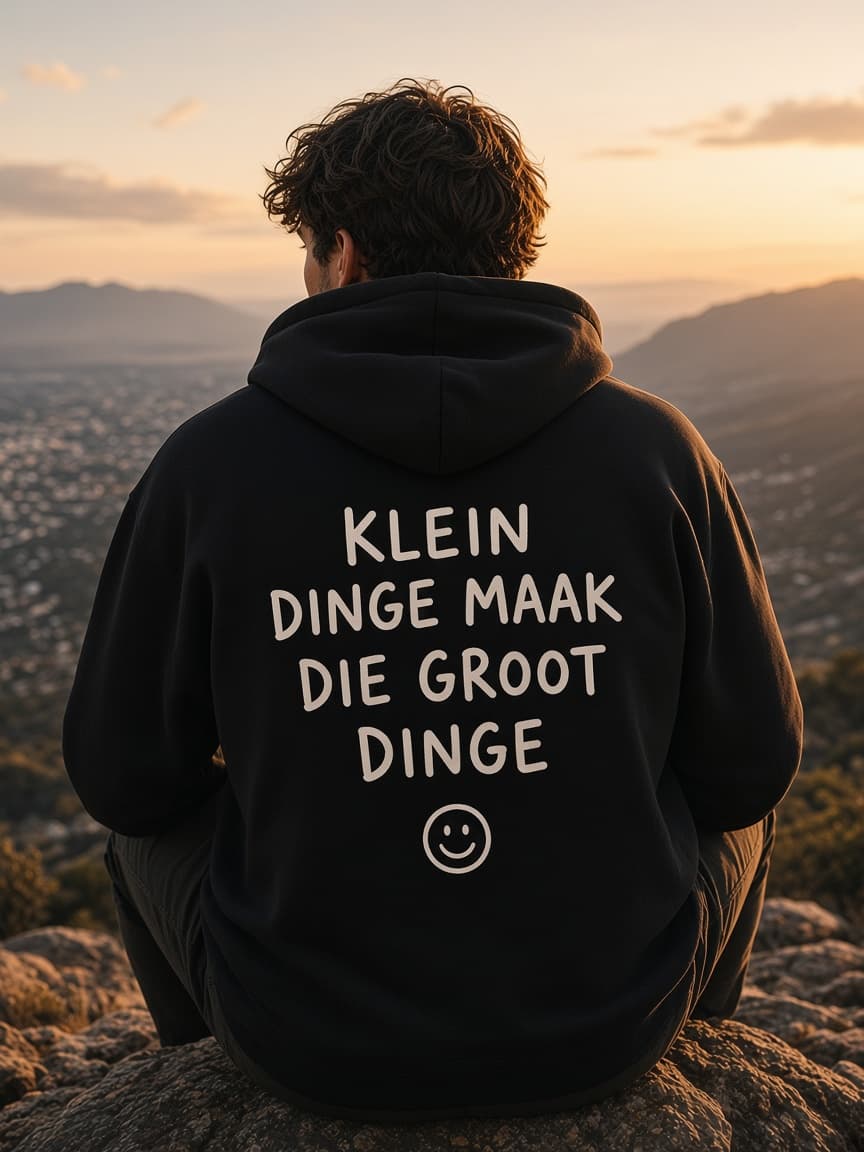 Back of the black hoodie printed with the words Klein dinge maak die groot dinge