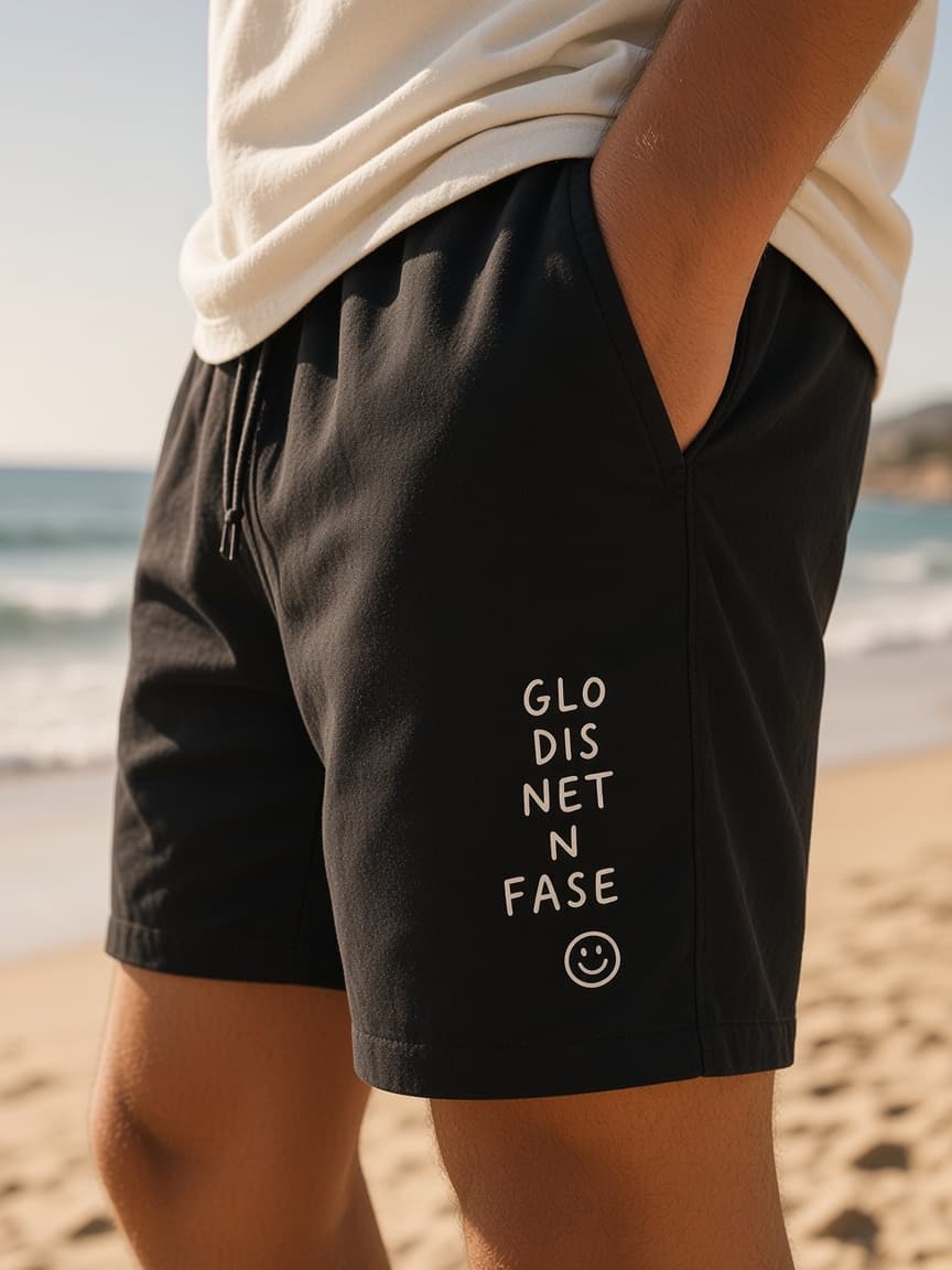 Model wearing black cotton shorts printed with the words Glo dis net 'n fase
