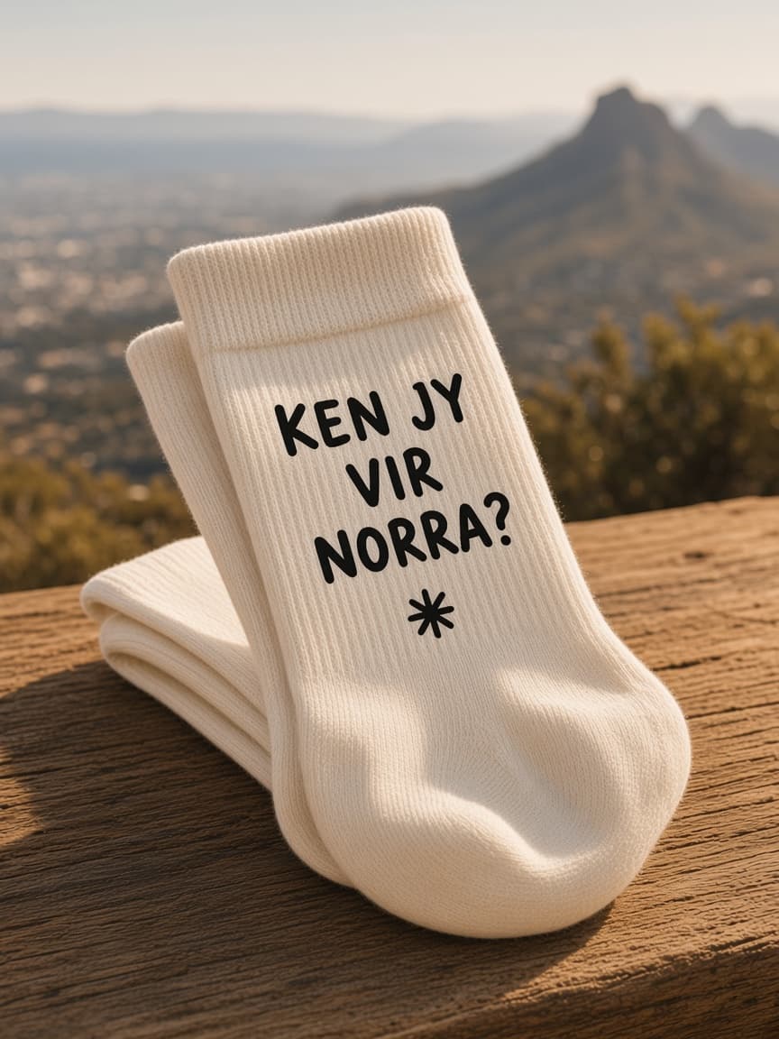 Bone Norraf*kkies with Ken jy vir norra? printed on the sole