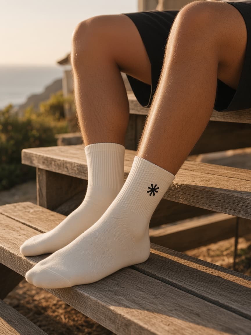 Model wearing bone crew socks with a small embroidered Norraf*k asterisk on the ankle