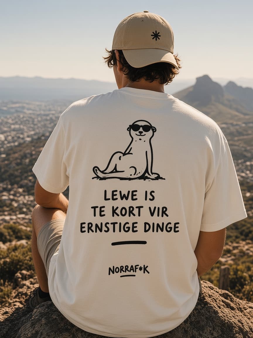 Back of the bone tee printed with a meerkat and the words Lewe is te kort vir ernstige dinge