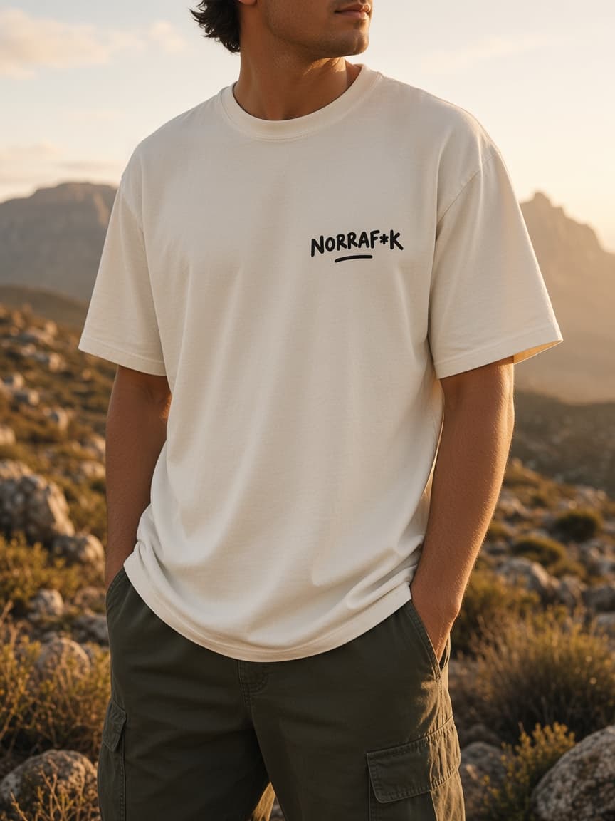 Model wearing a bone heavyweight tee with a small Norraf*k chest logo